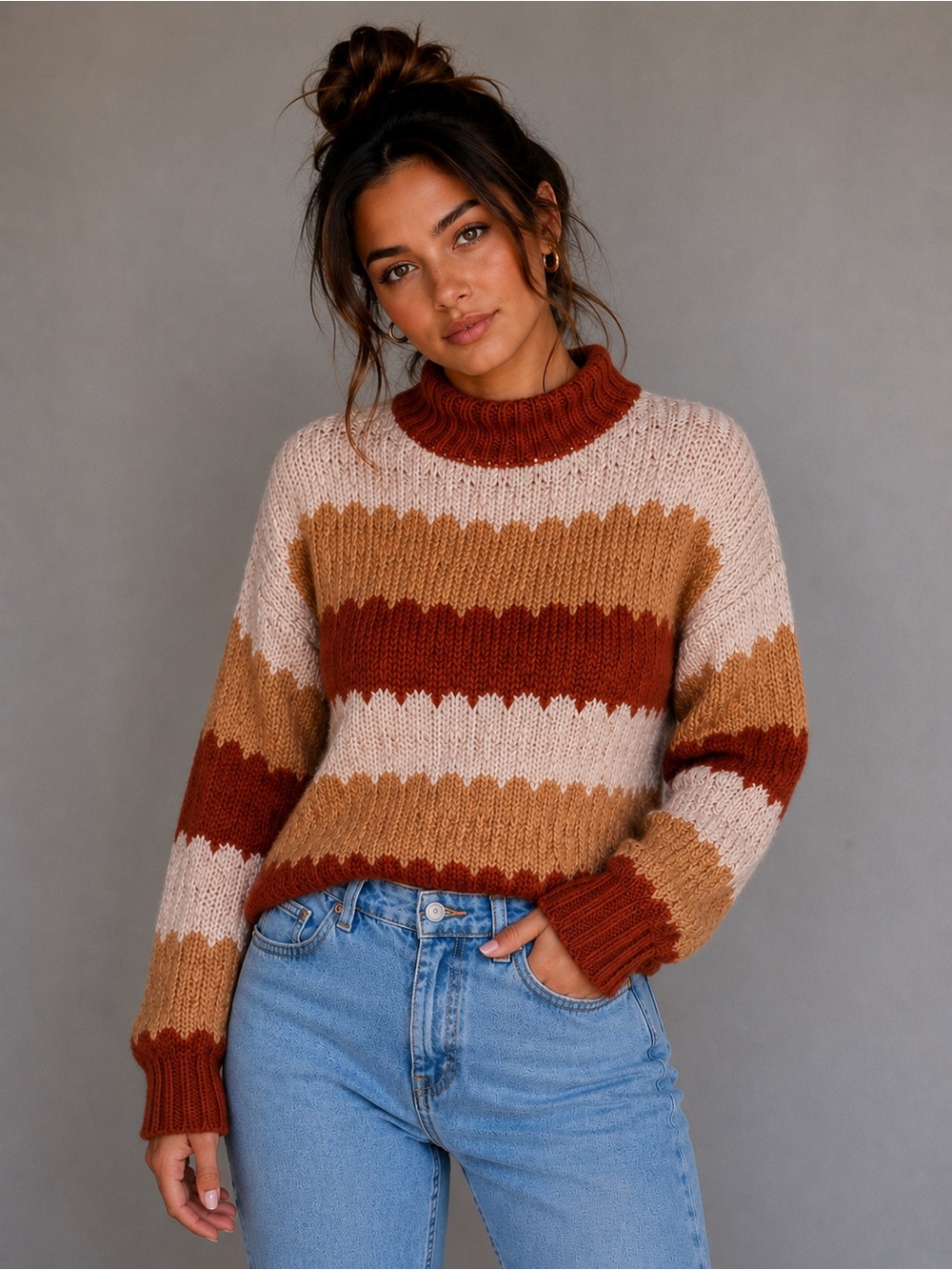 Altar'd State Scalloped Stripe Turtleneck Sweater in Rust, Tan & Cream